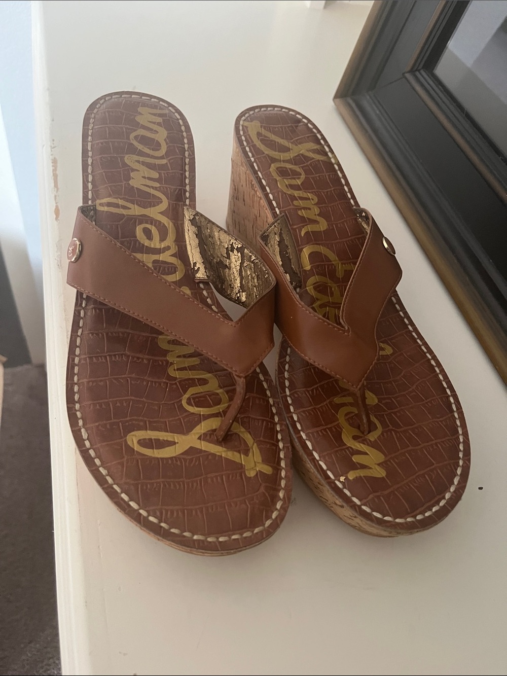 Sam Edelman Tan Brown Leather Wedge Espadrille Thong Sandals